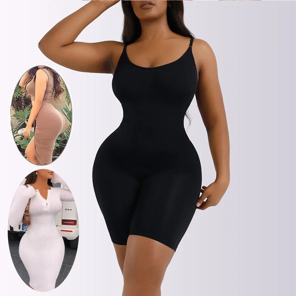Cuerpo completo de mujer con body shaper sin costuras para control de abdomen y cintura firme, en color negro.