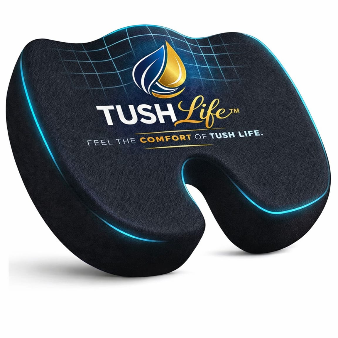 Cojín ergonómico TushLife de espuma viscoelástica para aliviar dolor y mejorar la comodidad en sillas de oficina, con base antideslizante.