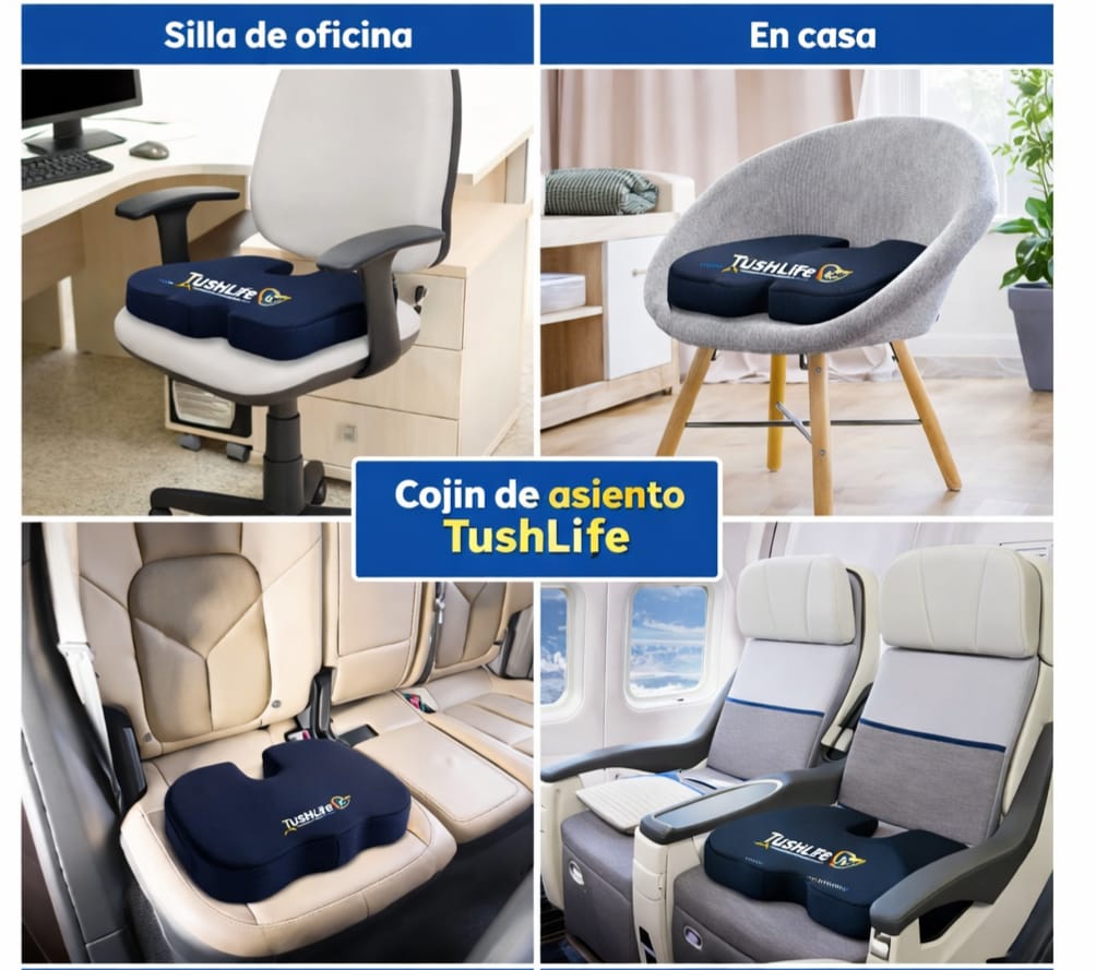 Cojín ergonómico TushLife de espuma viscoelástica para soporte coccygeal en silla de oficina, con superficie antideslizante y diseño cómodo.