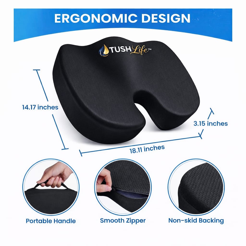 Almohadilla ergonómica TushLife de espuma viscoelástica para soporte de coxis en silla de oficina, sin deslizamiento, para comodidad y alivio.