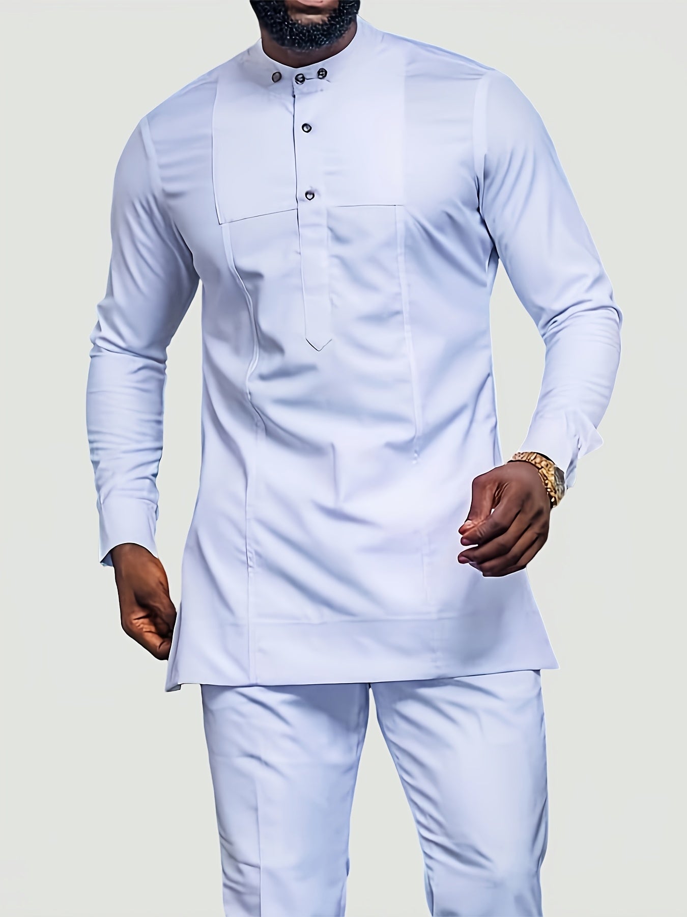 Conjunto de Dashiki blanco para hombres con camisa de manga larga y pantalones, estilo africano, ajuste ajustado y cuello especial.