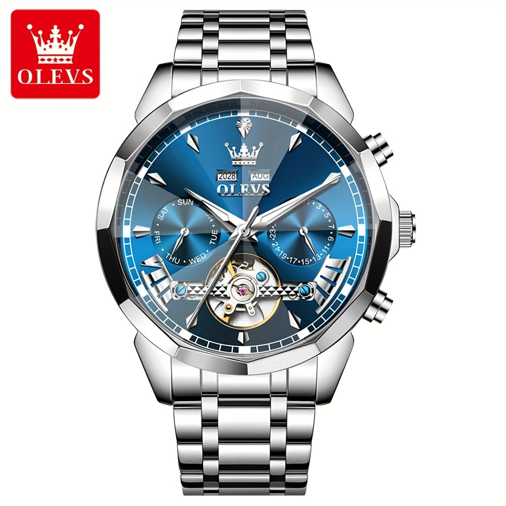 Reloj mecánico de lujo para hombres OLEVS, esfera luminosa, correa de acero inoxidable y diseño clásico y elegante.