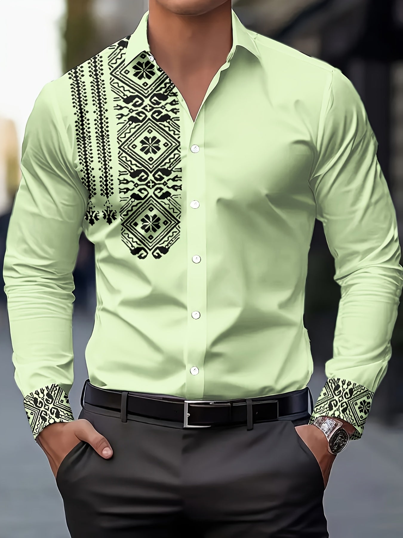 Camisa de hombre Dreamblue con flores retro, manga larga, estilo casual y semiformal en negro y blanco, tela transpirable de poliéster.