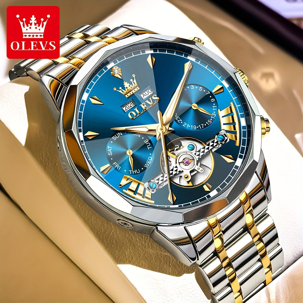 Reloj de lujo para hombre OLEVS con movimiento automático, caja de acero inoxidable, esfera luminosa y diseño clásico elegante.