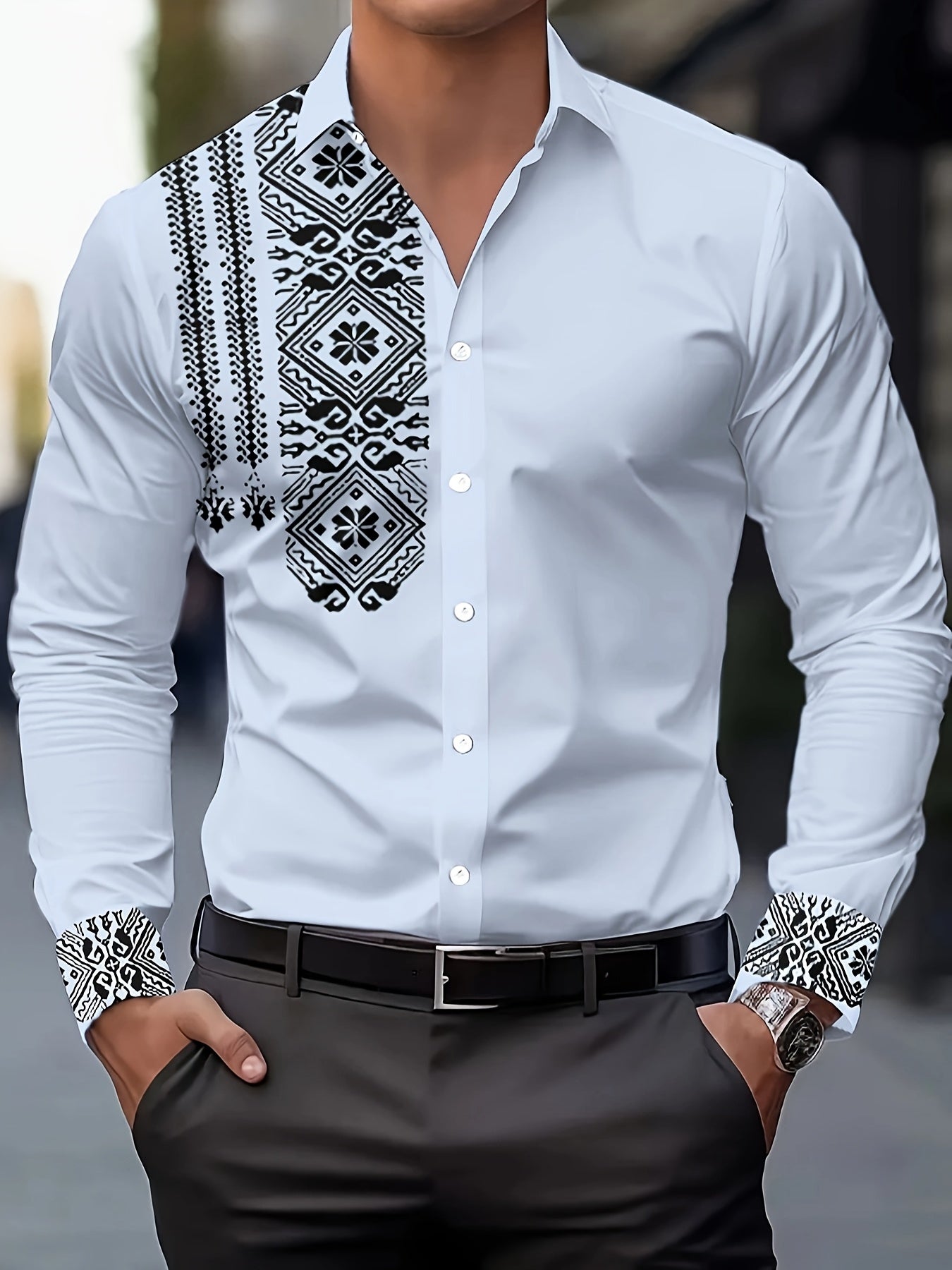 Camisa masculina retro de flores de manga larga en negro y blanco, de poliéster transpirable y ajuste regular, para looks casuales y semi formales.