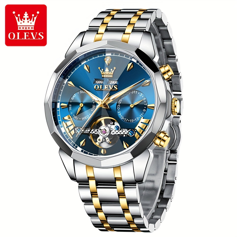 Reloj mecánico de lujo para hombres OLEVS con esfera luminosa y correa de acero inoxidable, estilo clásico y elegante.