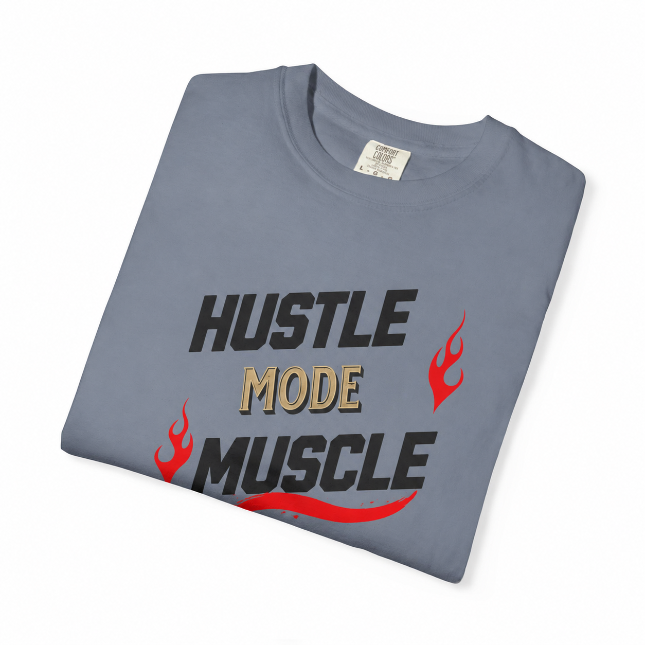 Camiseta Hustle Mode Muscle de Printify, camiseta de gimnasio motivacional con diseño de texto en color negro.