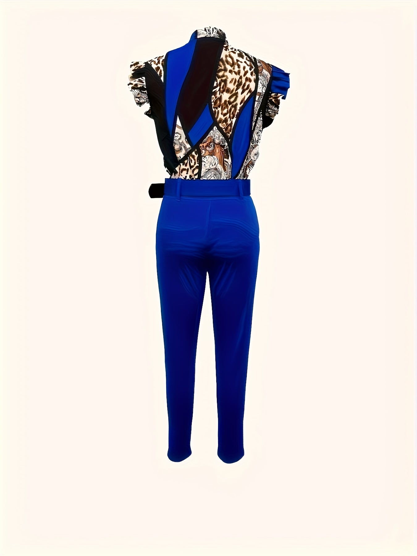 Blusa de mujer con estampado de leopardo y pantalones azules de tiro alto, conjunto casual de manga corta con vuelo para primavera y verano.