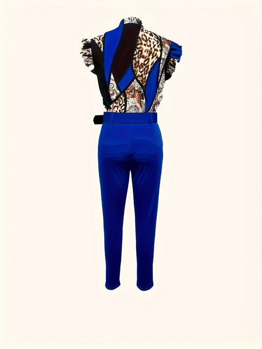 Blusa de mujer con estampado de leopardo y pantalones azules de tiro alto, conjunto casual de manga corta con vuelo para primavera y verano.