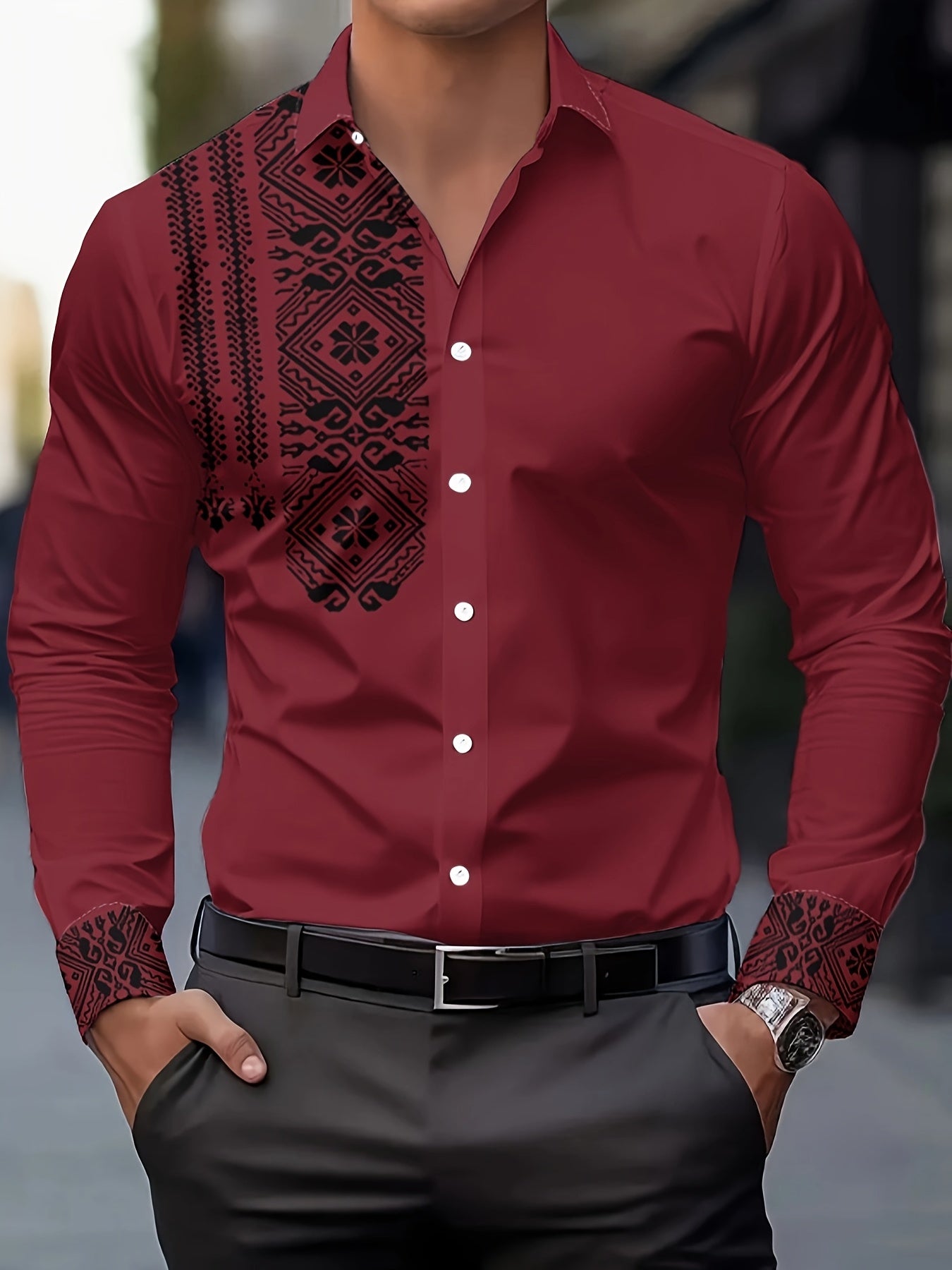 Camisa de hombre Dreamblue de manga larga con diseño floral retro en negro y blanco, de poliéster transpirable y corte regular.