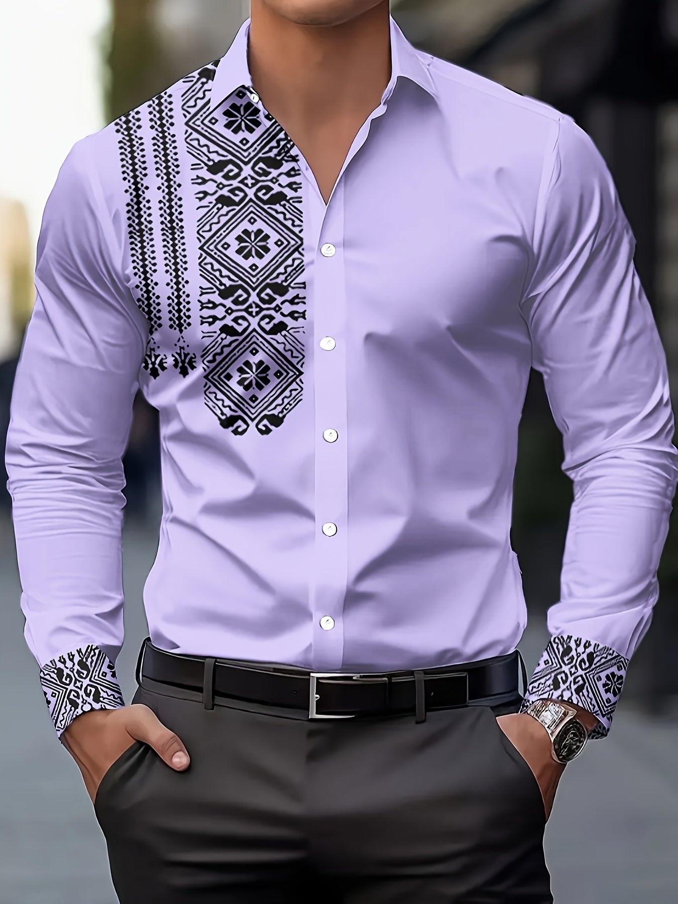 Camisa retro para hombre de Dreamblue en color negro y blanco con botones, manga larga, tela transpirable y ajuste regular.