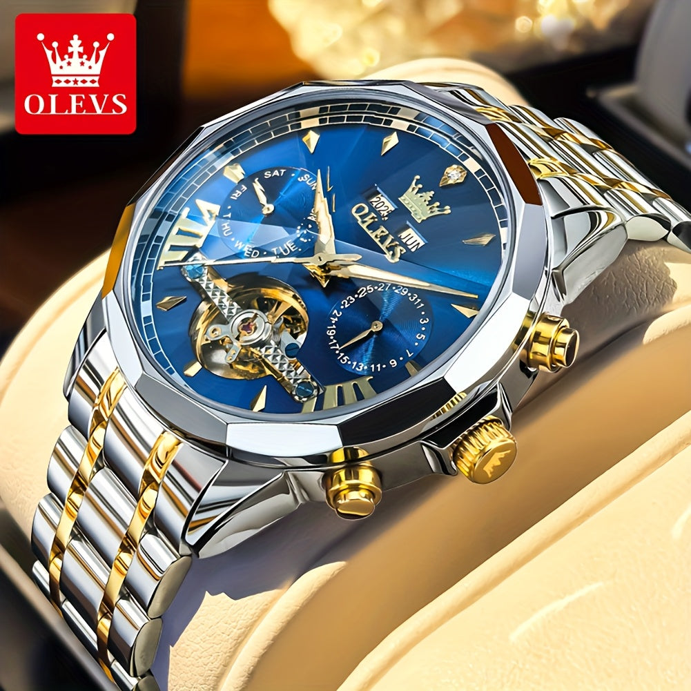 Reloj mecánico de lujo para hombres OLEVS, con caja de acero inoxidable, esfera luminosa y diseño clásico y elegante.