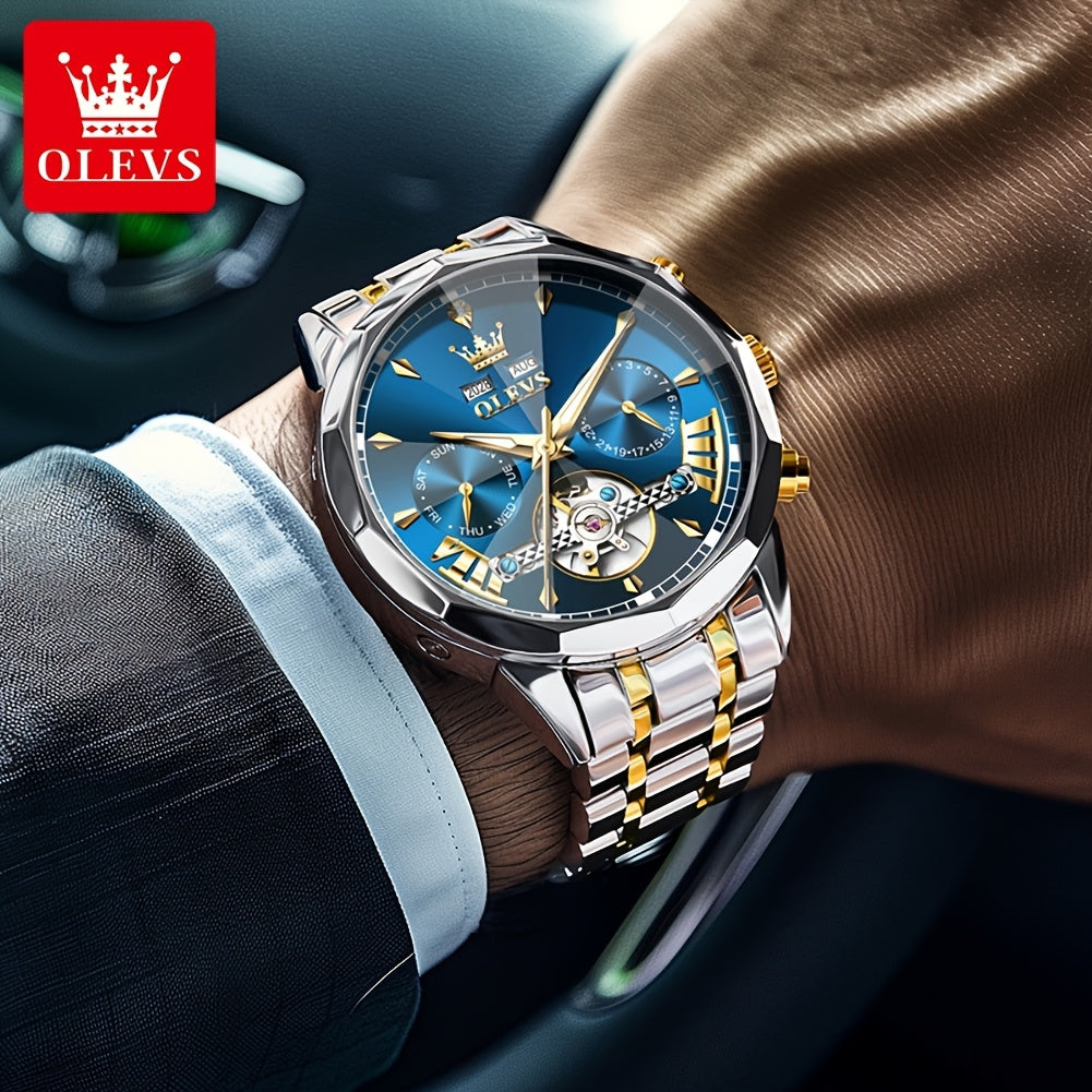 Reloj mecánico de lujo para hombres OLEVS, con caja de acero inoxidable, esfera luminosa y diseño clásico y elegante.