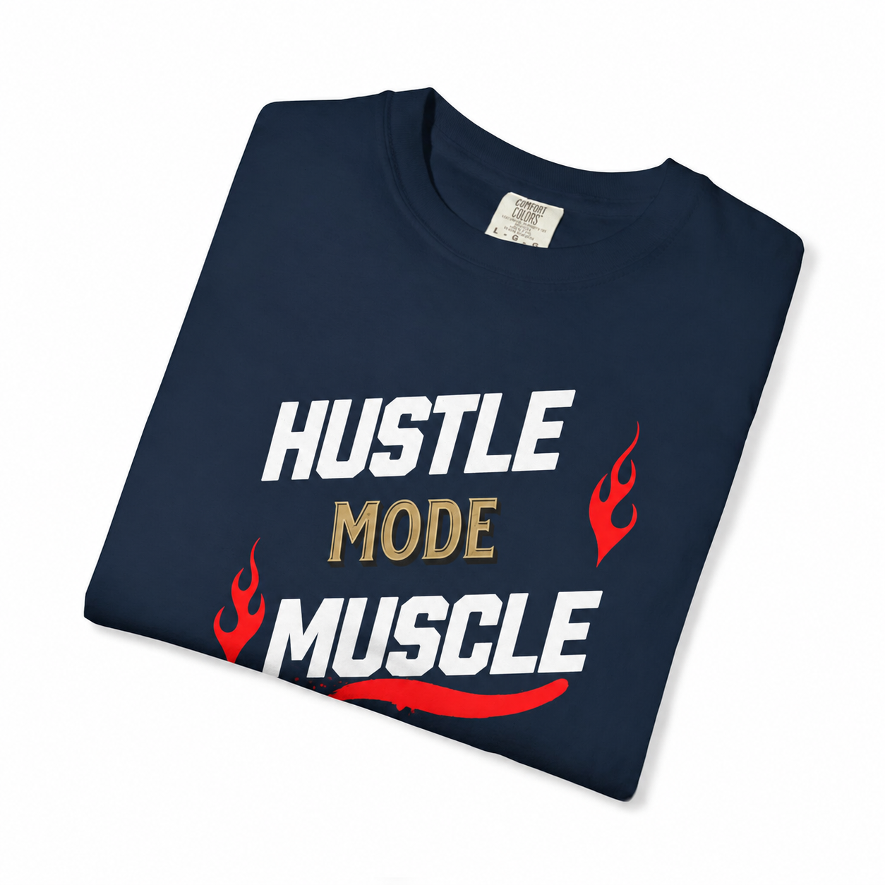 Camiseta Hustle Mode Muscle de Printify, camiseta motivacional para el gimnasio, con diseño de estilo deportivo y ajustado.