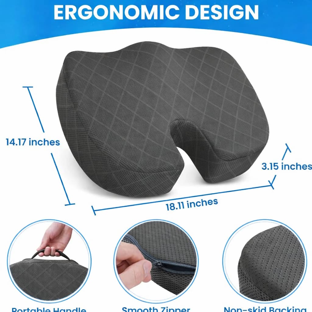Almohadilla ergonómica de espuma viscoelástica TushLife para asiento, soporte para coxis y comodidad en silla de oficina, diseño antideslizante