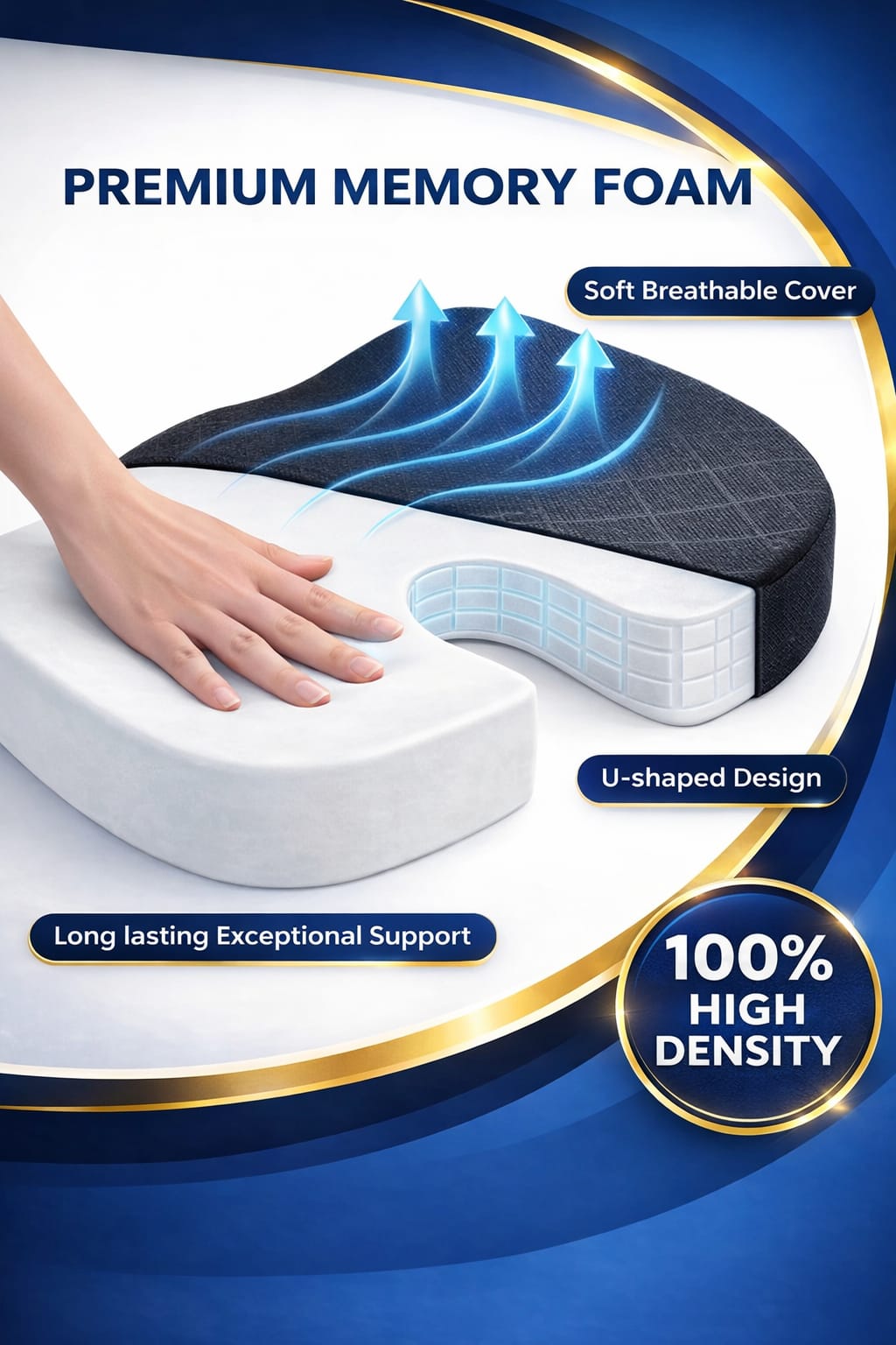 Cojín ergonómico de espuma viscoelástica TushLife para asiento de oficina, soporte para coxis y comodidad durante todo el día.