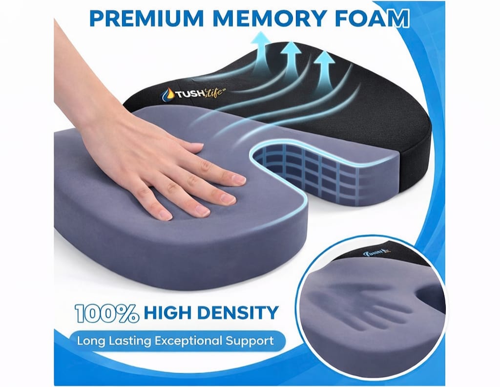 Almohadilla ergonómica TushLife de espuma viscoelástica para apoyo coccygeal en silla de oficina, diseño antideslizante y cómoda.